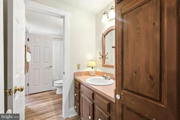 a bathroom with a sink a toilet and a mirror