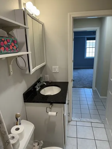 a bathroom with a granite countertop sink toilet and shower