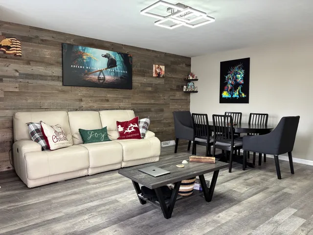 a view of a dining room with furniture