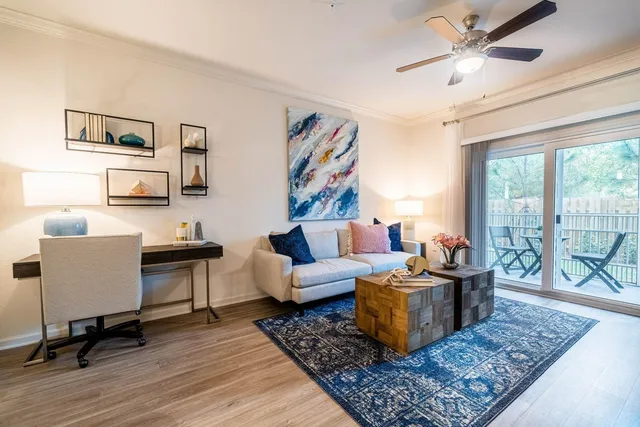 a living room with furniture and a rug
