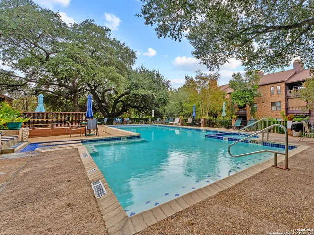 a view of a lake with a bench under large trees