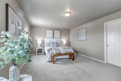 a bed room with furniture and a potted plant