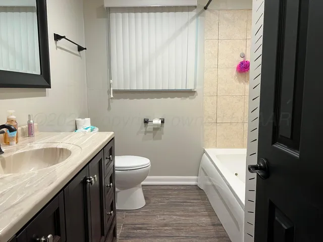 a bathroom with a sink toilet vanity and shower