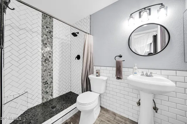 a bathroom with a sink a toilet and a mirror