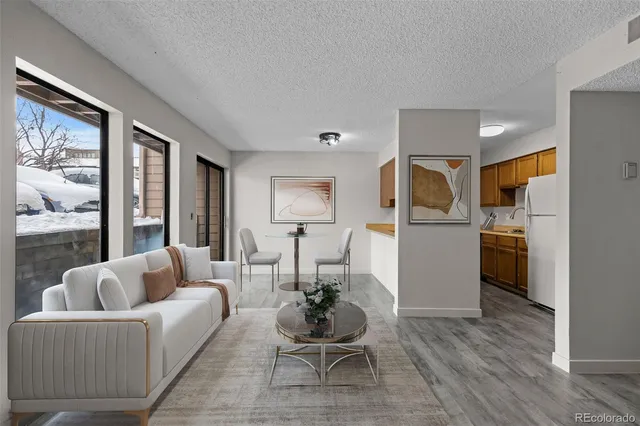 a living room with furniture potted plant and a large window