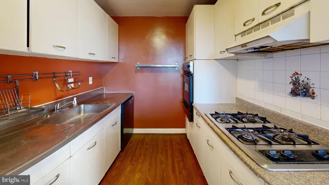 a kitchen with sink a stove and cabinets