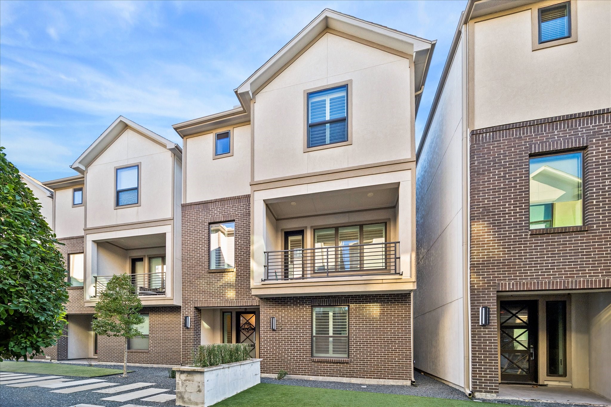 a front view of residential houses