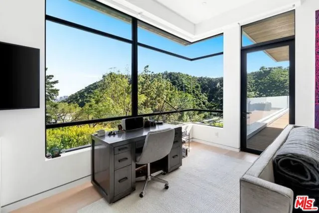 a living room with a large window