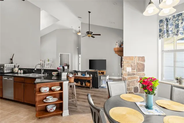 a view of a hallway with seating area