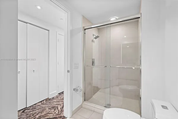 a bathroom with a shower and toilet