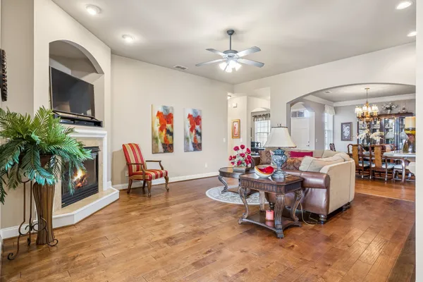 a living room with furniture and a potted plant