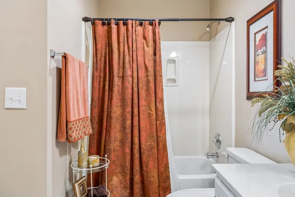 a bathroom with a shower curtain and a sink