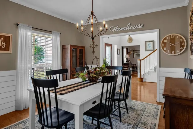 a view of a dining room with furniture window and wooden floor