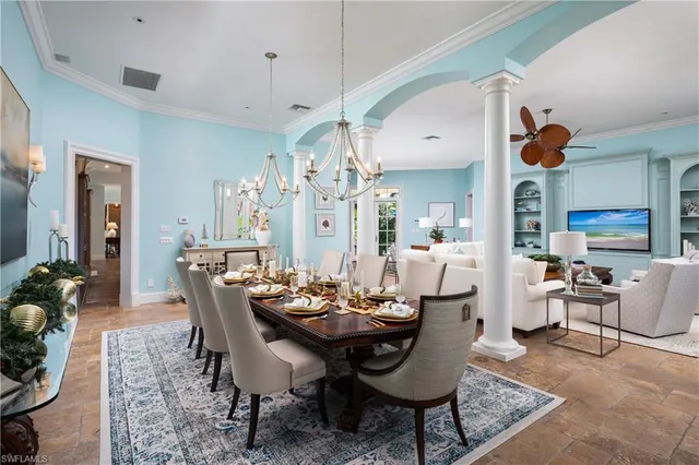 a view of a dining room with furniture