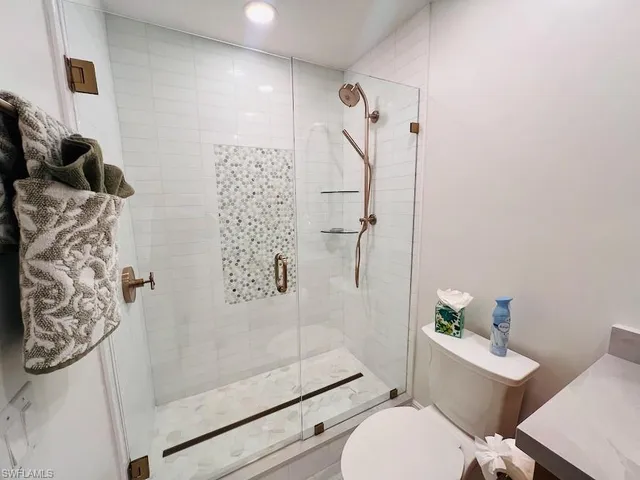 a bathroom with a toilet and a shower