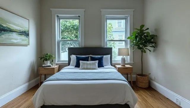 a bed sitting in a bedroom next to a window