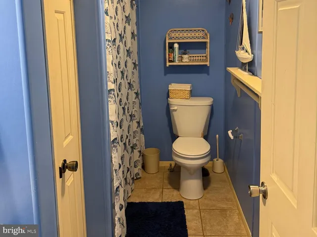 a bathroom with a toilet and a shower curtain