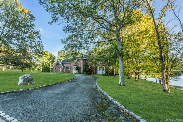 a view of a park with large trees