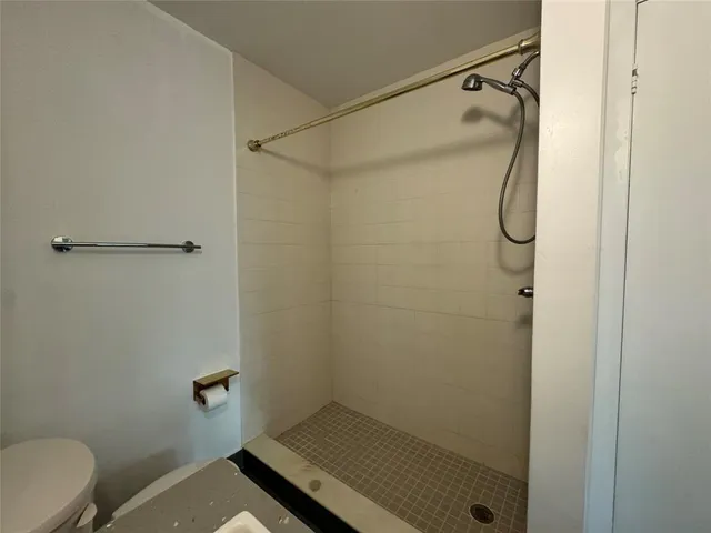 a bathroom with a shower and toilet
