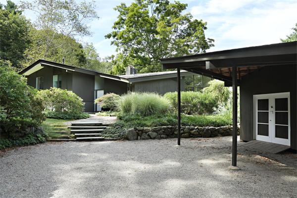 a backyard of a house with potted plants and a large tree
