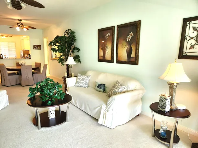 a living room with furniture and a potted plant
