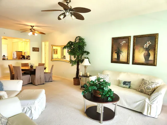 a living room with furniture and a potted plant