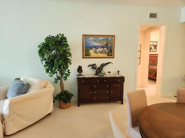 a living room with furniture and a potted plant