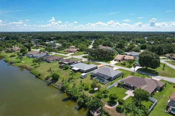 a view of a lake in middle of the town