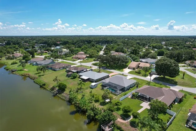 a view of a lake in middle of the town