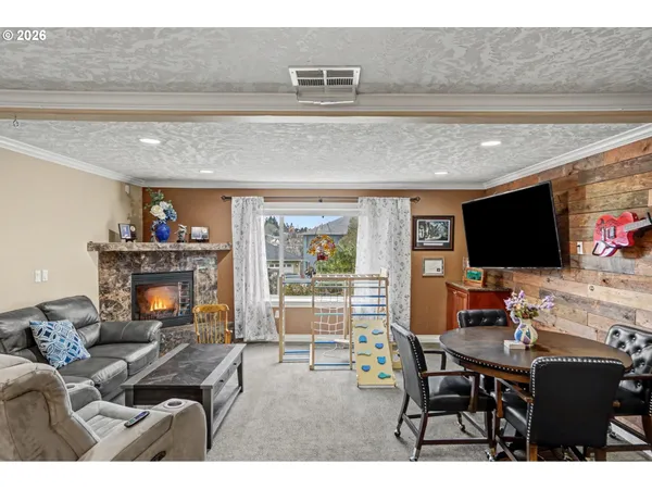 a living room with furniture a flat screen tv and a fireplace