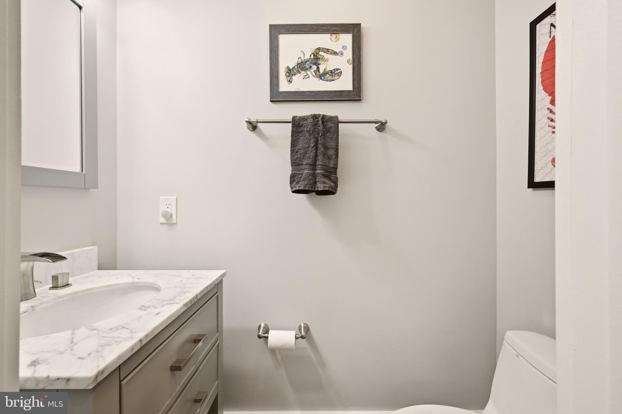 1705 Bay Street Southeast Washington, DC 20003 - Photo 11 of 29 a bathroom with a granite countertop sink a toilet a shower and a mirror