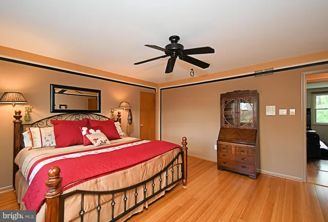 a bedroom with a bed and wooden floor