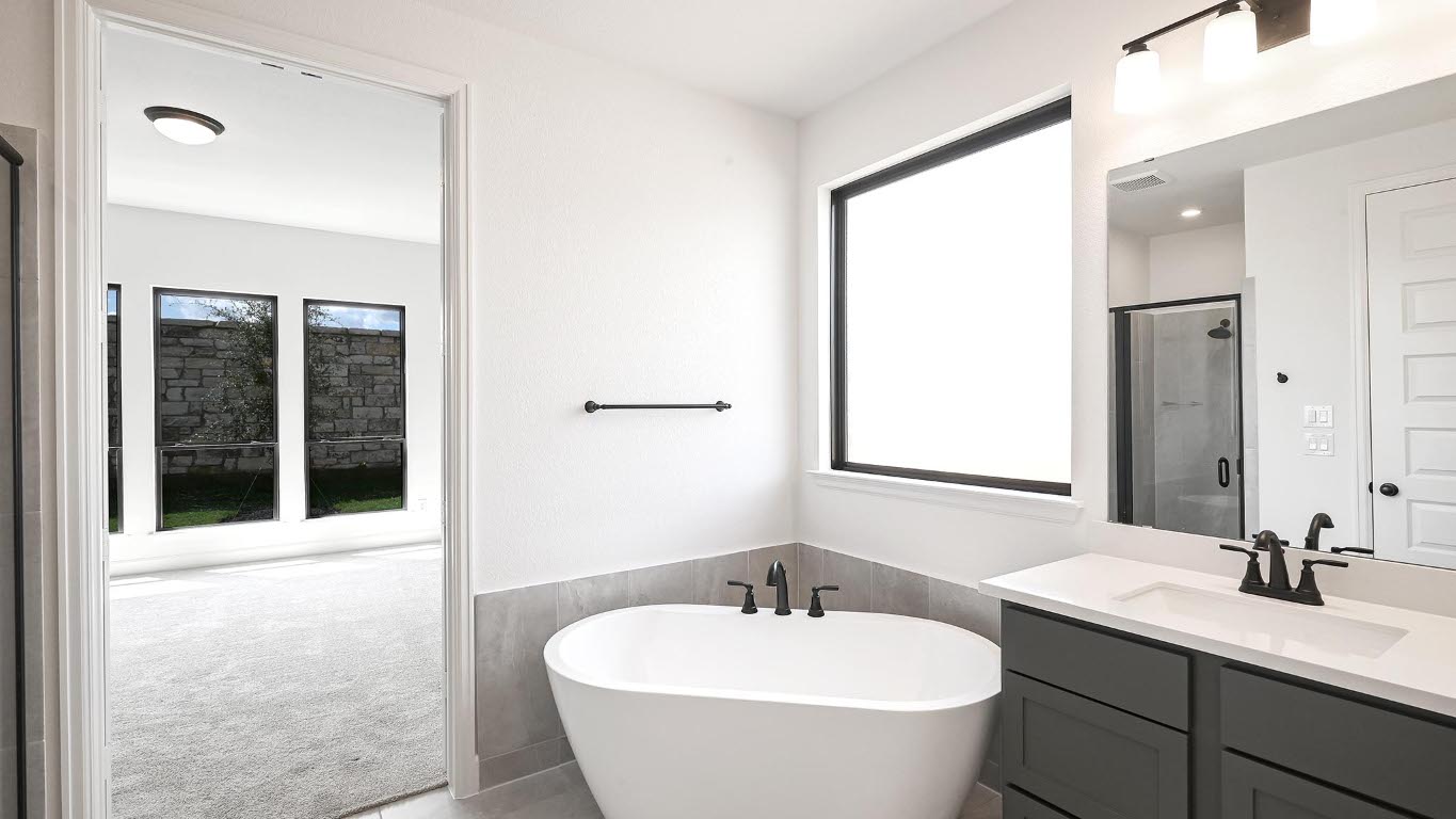 175 High Rock Pass Kyle, TX 78640 - Photo 23 of 39 Full bathroom with vanity, a stall shower, a freestanding bath, and a wainscoted wall