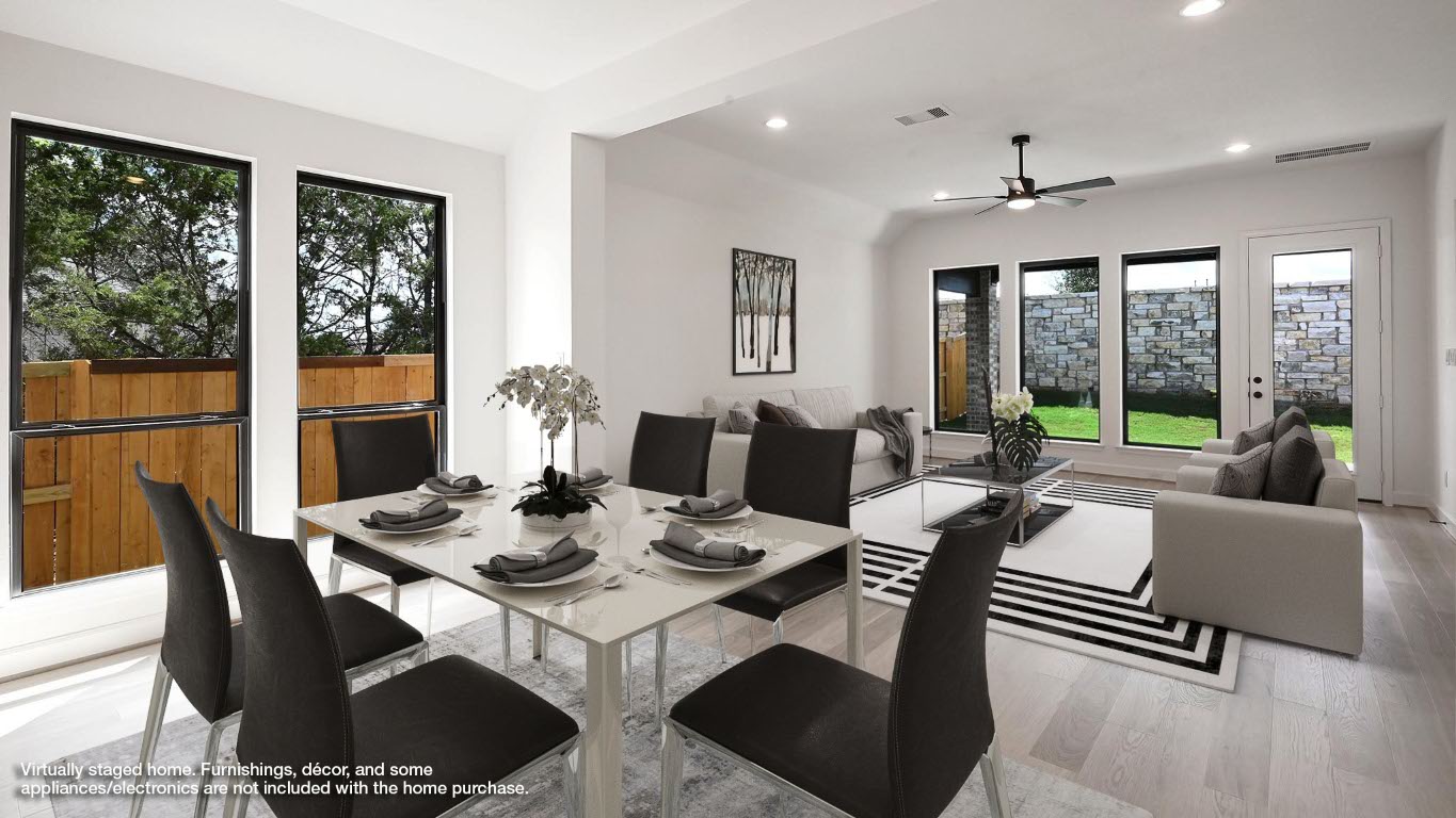 175 High Rock Pass Kyle, TX 78640 - Photo 5 of 39 Dining area featuring recessed lighting, light wood-style floors, a ceiling fan, and lofted ceiling