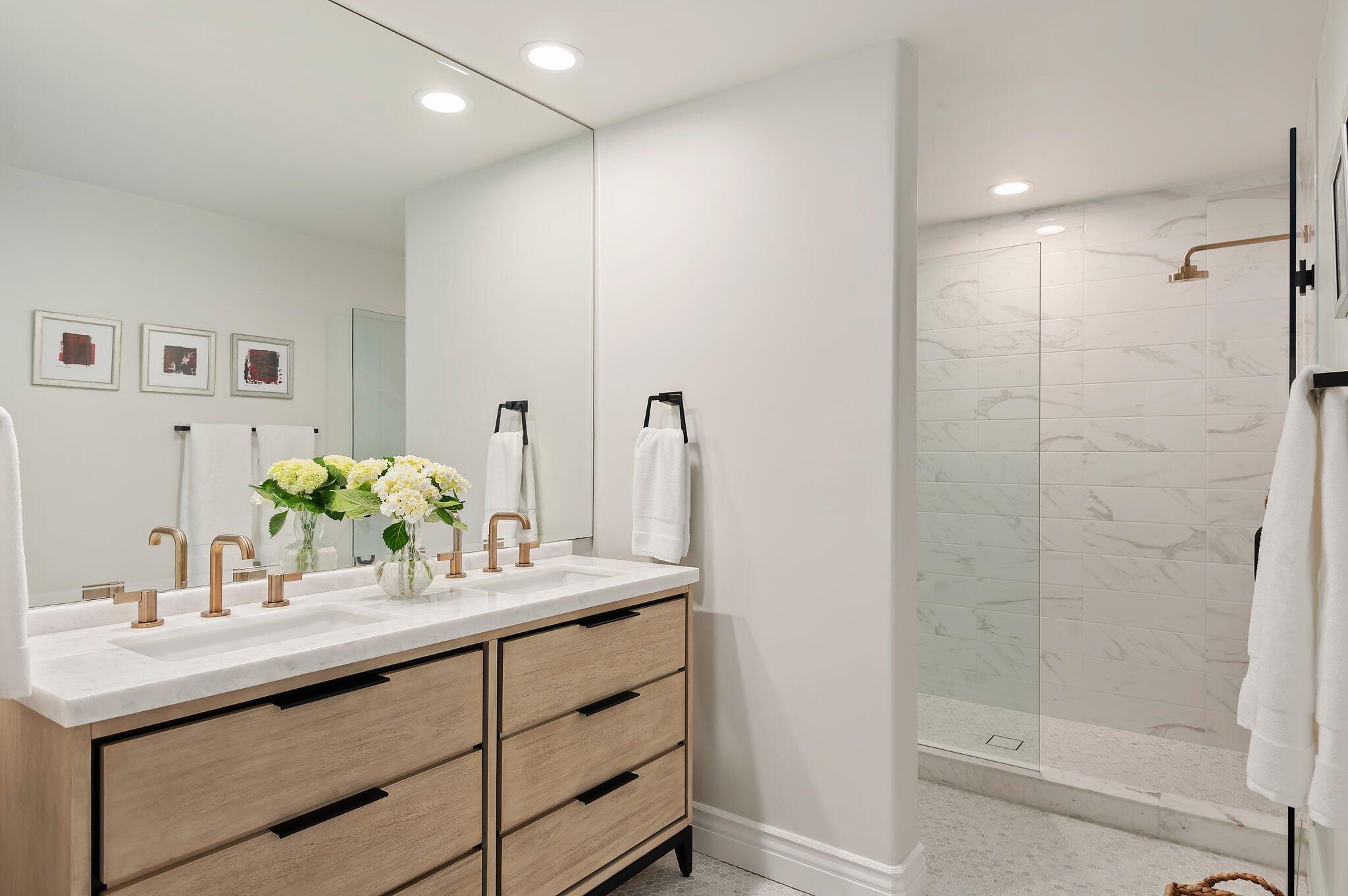 130 Via Alicia Santa Barbara, CA 93108 - Photo 12 of 16 a bathroom with a shower sink and mirror