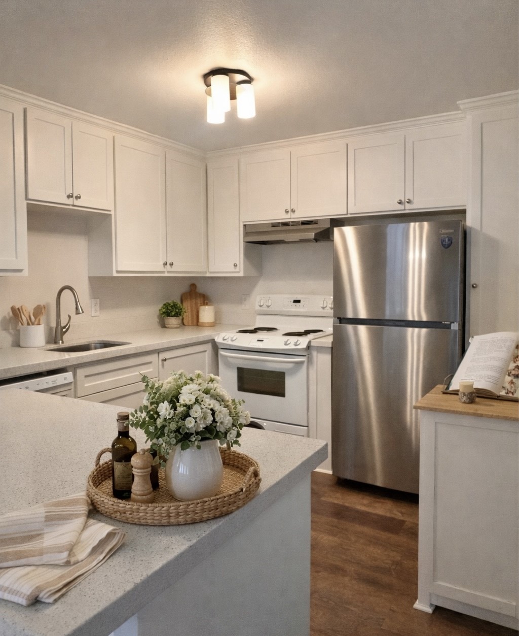 a kitchen with a refrigerator and a sink