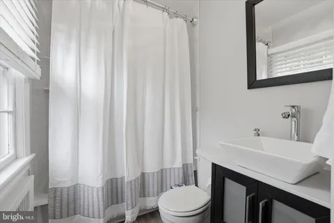 a bathroom with a sink a toilet and shower curtain