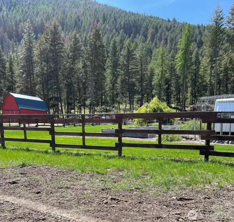a view of a park with large trees