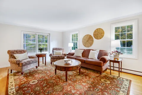 a living room with furniture a rug and a window