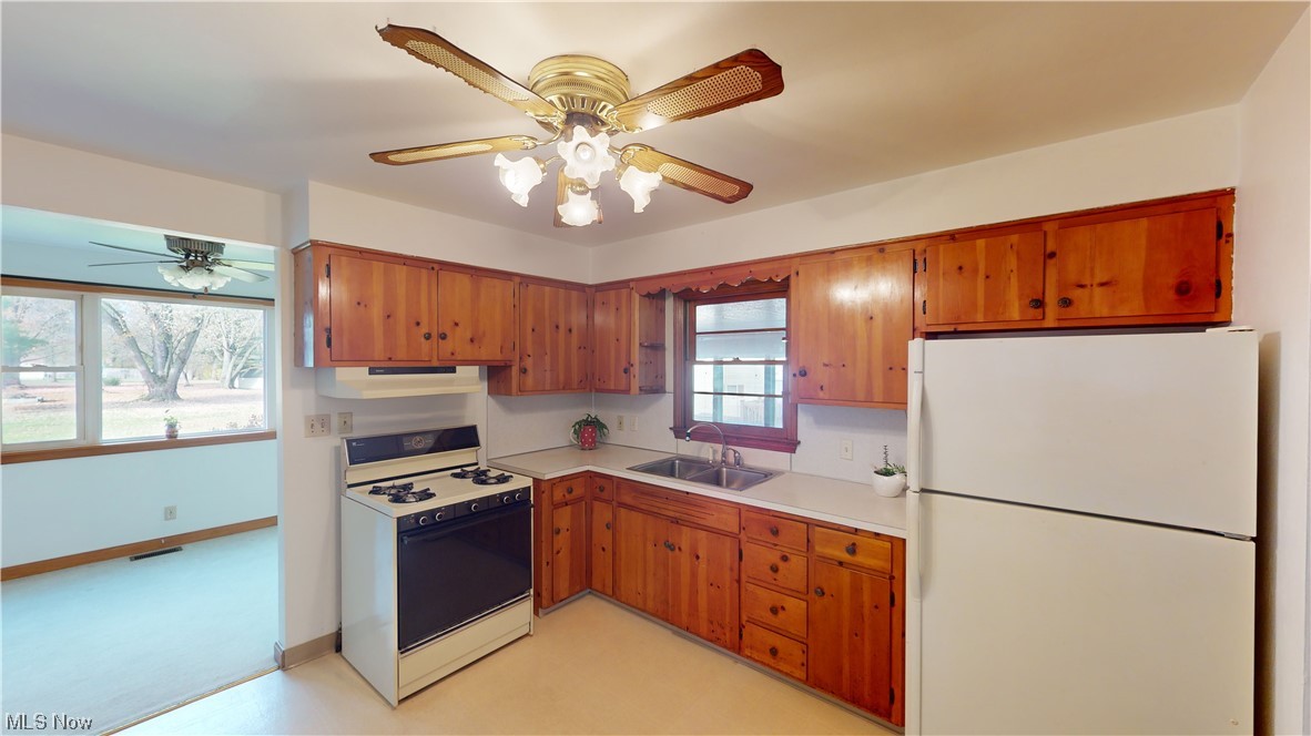 3520 Kirk Road Youngstown, OH 44511 - Photo 11 of 31 Kitchen featuring light carpet, sink, white appliances, plenty of natural light, and ceiling fan