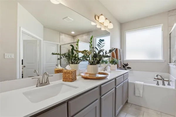 a bathroom with a tub sink and mirror