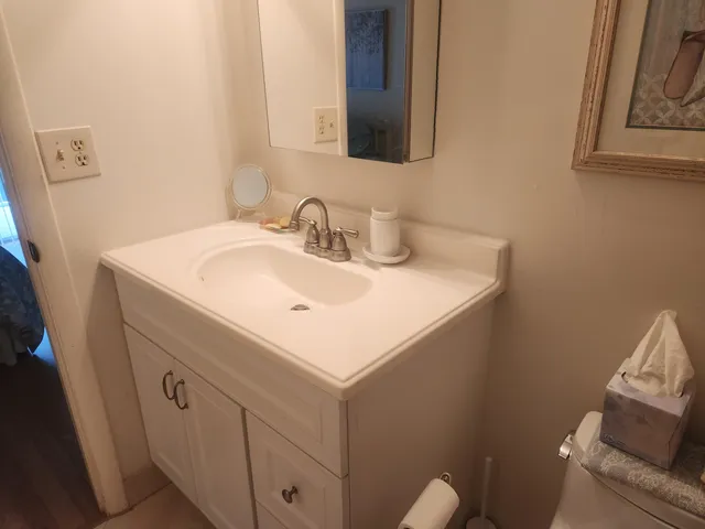 a bathroom with a sink and a mirror