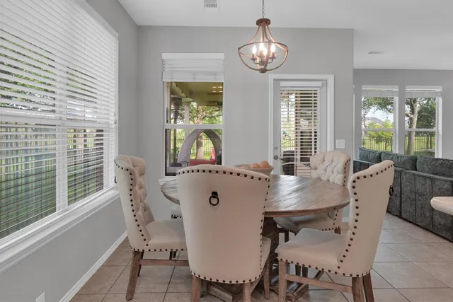 a view of a dining room with furniture window and outside view