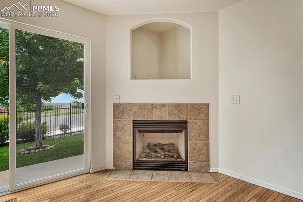 a living room with a fireplace