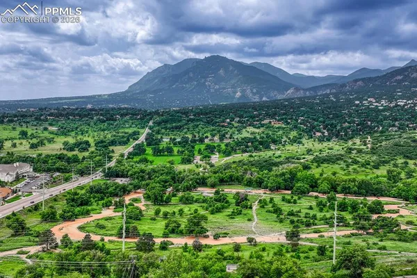 a view of a city with a lush green forest