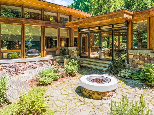 a bathroom with a small yard