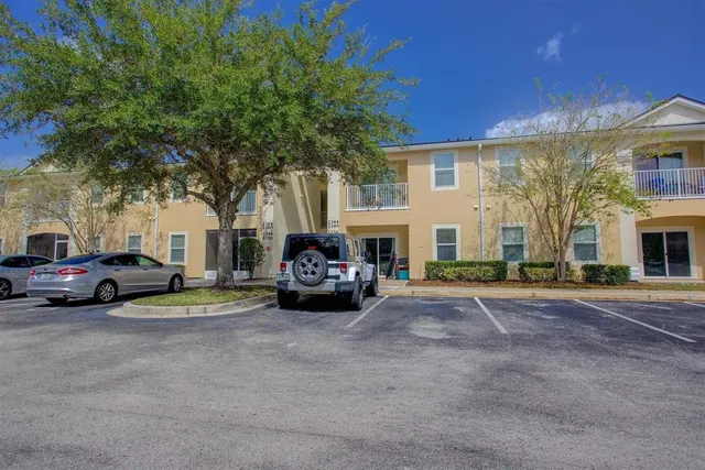 a view of a cars park in front of a building