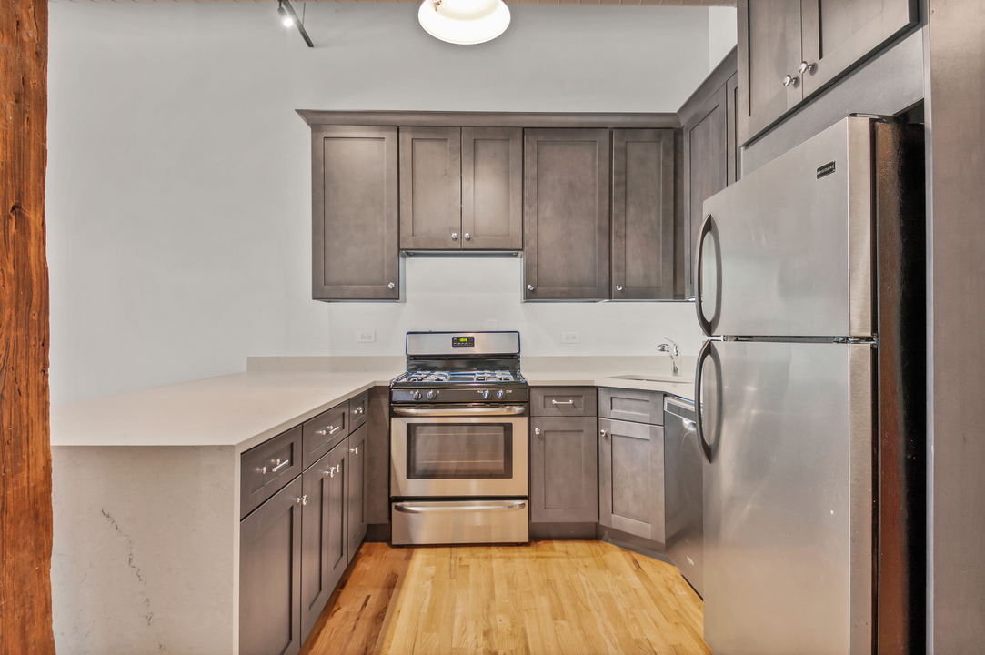 216 North May Street, Unit 103 Chicago, IL 60607 - Photo 6 of 21 a kitchen with a refrigerator a stove top oven and a refrigerator