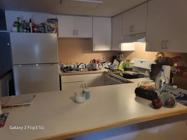 a kitchen with a refrigerator and a sink