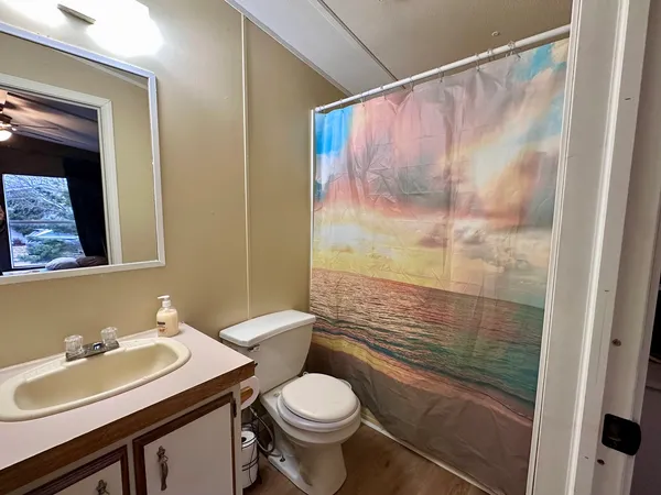 a bathroom with a sink a toilet and shower